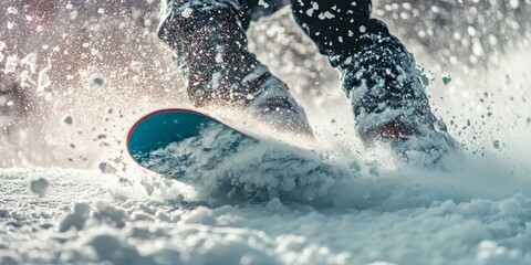 Naklejka premium a snowboard cutting through fresh snow, powder flying in all directions, capturing the excitement of the ride