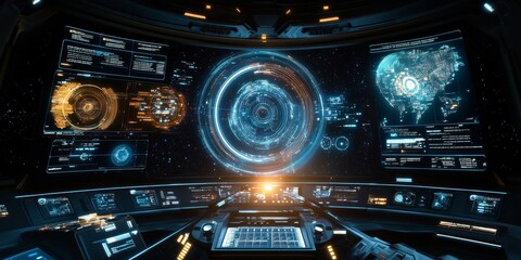Obraz premium Interactive space command interface, showcasing advanced celestial charts, digital readouts, and responsive control panels.