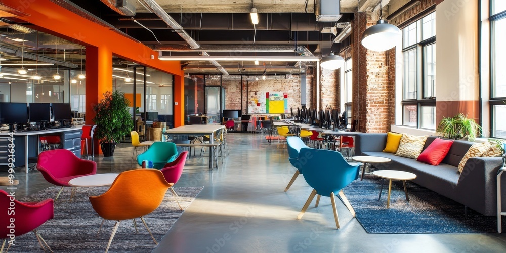 Aufkleber innovative workspace in a tech startup featuring flexible seating, colorful decor, and high-tech gad