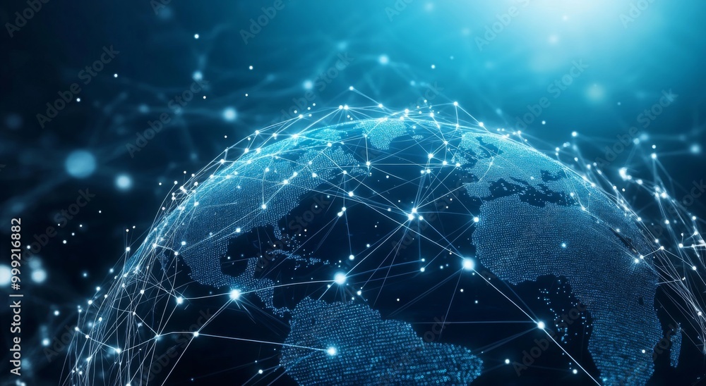 Poster blue digital globe with global network of white lines and dots connecting nodes across the earth, re