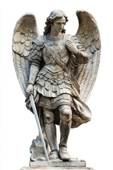 Fototapeta premium Stone statue of a male angel warrior in detailed armor holding a sword, with large wings spread behind him.