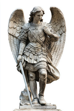 Stone statue of a male angel warrior in detailed armor holding a sword, with large wings spread behind him.