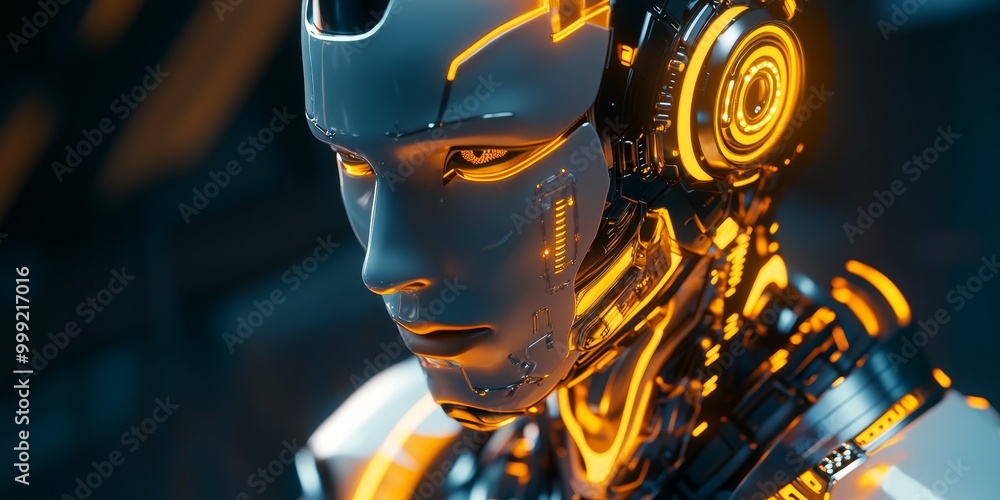 Poster a cyberpunk humanoid robot with glowing neon circuits, sleek metallic design, and cutting-edge ai, s