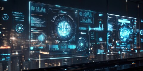 Obraz premium A futuristic urban interface showcasing smart city technology, featuring interactive holographic controls, real-time data visualization, and sleek, modern design elements