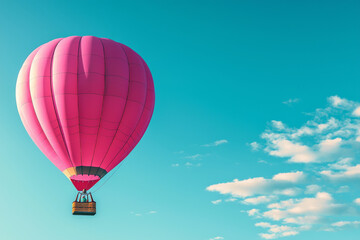 Fototapeta premium A vibrant pink hot air balloon floats against a clear blue sky, symbolizing adventure and leisure.