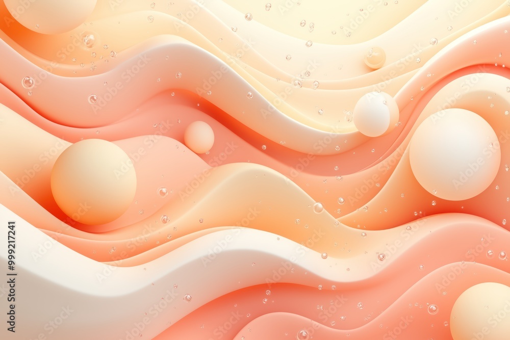 Poster Abstract background with 3D shapes and spheres in a peach-fuzz color