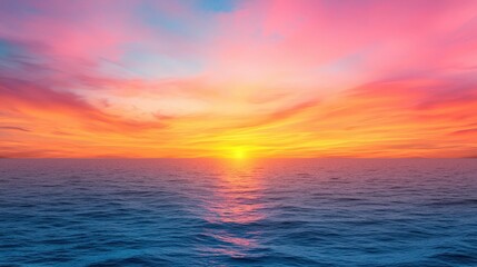 Fototapeta premium Dramatic Sunset Over Calm Ocean Colorful Sky Golden Hour Horizon Water Reflection