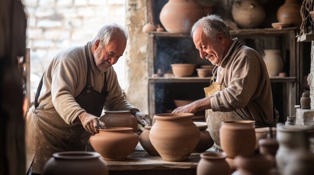 Two senior men working together in a pottery workshop, examining clay pots.
