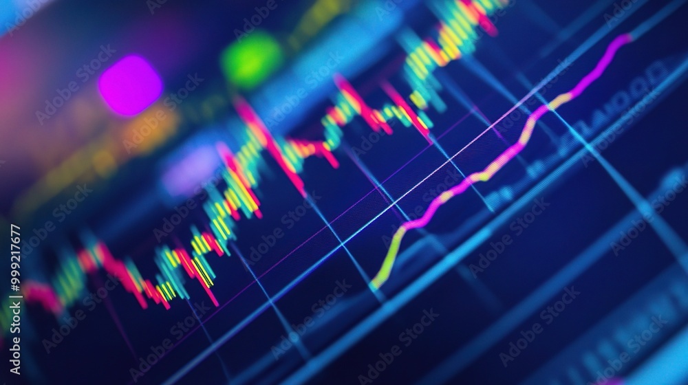 Poster colorful data visualization with graph lines and candles