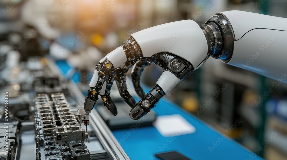 Poster robotic arm assembling components in a factory