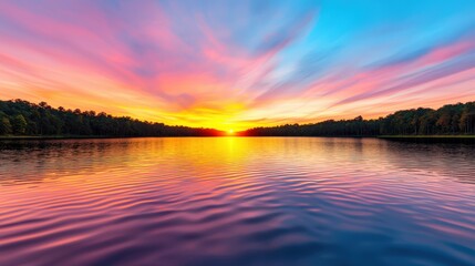 Obraz premium Stunning Sunset Over Calm Lake with Vibrant Colors and Reflections