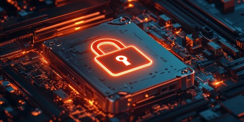 Fototapeta premium an encrypted hard drive with a glowing padlock icon on the screen, emphasizing advanced data protection, metallic textures, and secure design.