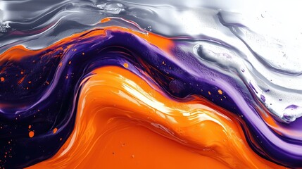 Glossy paint strokes merge in bold burnt orange, midnight purple, and silver, creating a captivating abstract masterpiece
