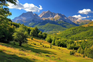 Obraz premium A stunning mountain landscape featuring lush greenery, rocky peaks, and a clear blue sky, perfect for nature lovers and outdoor enthusiasts.