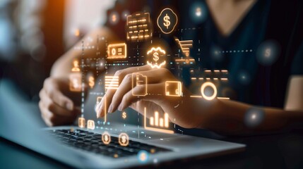 Digital Banking and Financial Technology Concept. A person presents digital banking and financial technology icons, and currency symbols, emphasizing modern online payment systems and e-commerce.