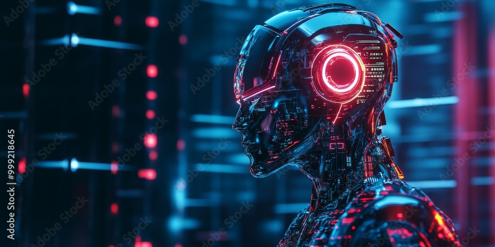 Poster a cyberpunk humanoid robot with glowing neon circuits, sleek metallic design, and cutting-edge ai, s