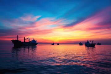 Obraz premium Breathtaking sunset over the open ocean with silhouetted ships