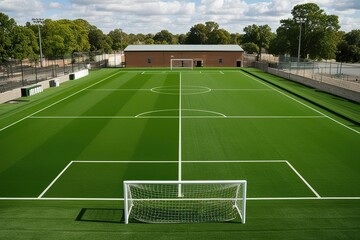 Fototapeta premium Lush Green Athletic Turf in Empty Soccer Complex on Game Day
