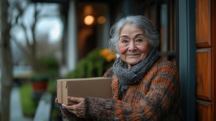 Elderly Hispanic woman joyfully discovers a small package on her doorstep next to a welcoming mat on a sunny afternoon