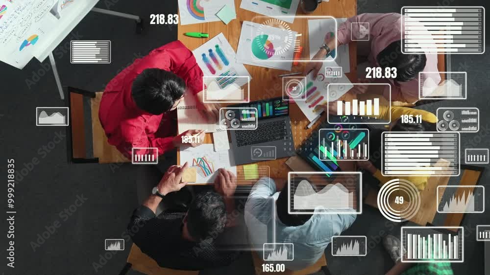 Poster top view of smart manager discussing about financial project with investment statistic and stock mar