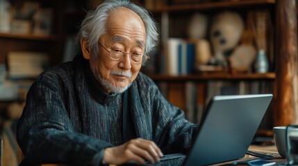 An elderly Japanese man writes articles in his home office surrounded by traditional art and a wealth of knowledge in books