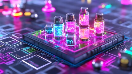 Vibrant digital art featuring glowing test tubes on a futuristic interface, embodying innovation and technology.