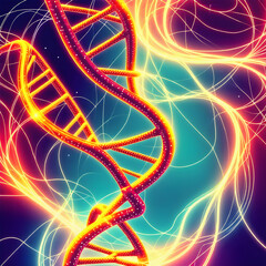 A vibrant, swirling representation of DNA strands intertwined with energy lines, symbolizing genetics and health.