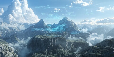 Futuristic wearable tech device projecting real-time data over vast mountain ranges, with holographic displays blending seamlessly with the rugged landscape.