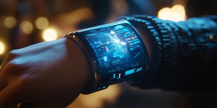 A smart wrist device with an immersive VR display, projecting holographic notifications and real-time health data, seamlessly integrated into daily life.
