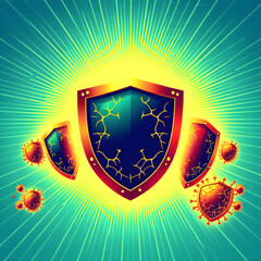 A calm, glowing representation of the immune system with shields and light rays, symbolizing protection and immunity.