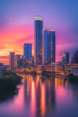 Naklejka premium Vibrant cityscape with skyscrapers and river at sunset