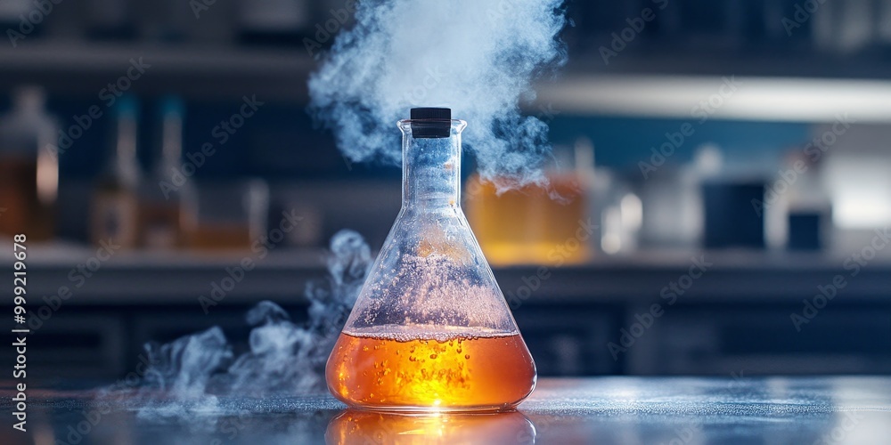 Poster precision shot of an exothermic reaction in a flask, with heat waves distorting the air and steam ri