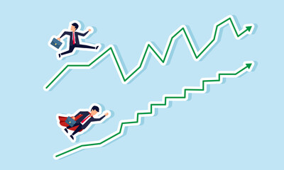 A businessman moves on a fluctuating graph while a super businessman moves on a relatively flat graph, illustrating the performance gap between top and average employees