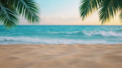 Obraz premium Tropical Beach Sunset Calm Ocean Waves Golden Sand Palm Trees
