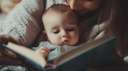 Mother reading to her baby in a cozy home setting