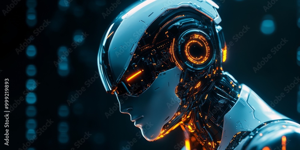 Poster a cyberpunk humanoid robot with glowing neon circuits, sleek metallic design, and cutting-edge ai, s