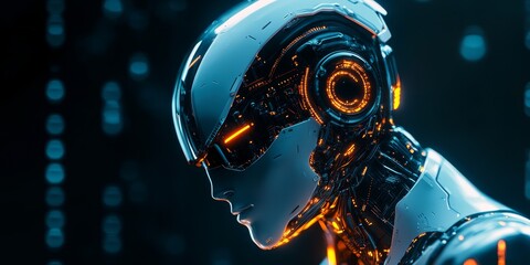 a cyberpunk humanoid robot with glowing neon circuits, sleek metallic design, and cutting-edge AI, set against a dark futuristic background.