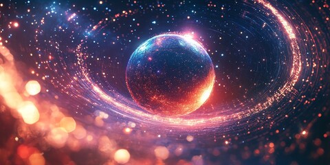 Obraz premium a metallic sphere hovering in space, surrounded by holographic rings and neon constellations, capturing the essence of advanced technology.