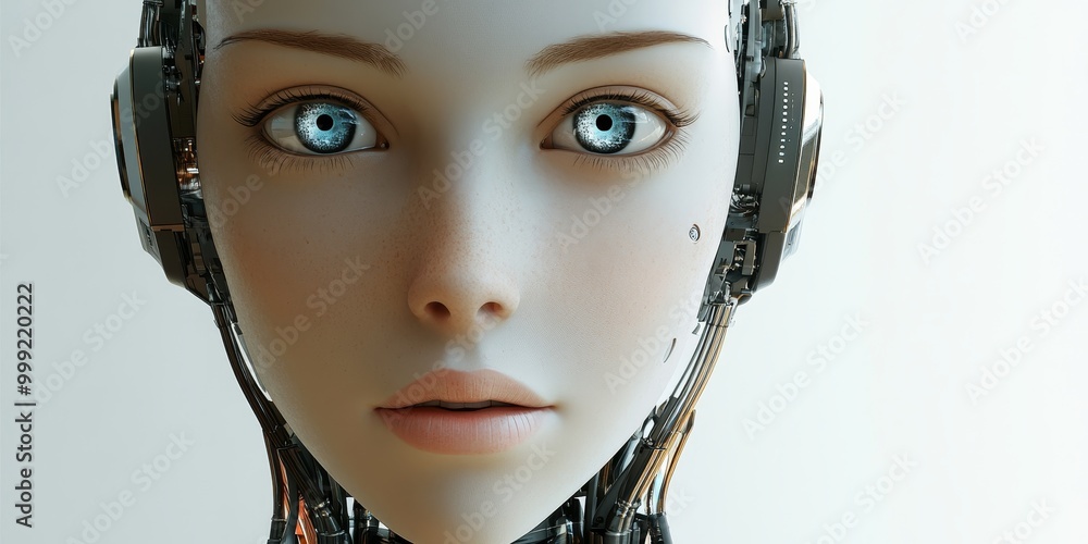 Poster a humanoid robot's face, showcasing advanced design with lifelike features and expressive capabiliti