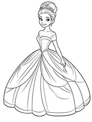 Fototapeta premium Simple coloring pages for children, featuring a princess wearing a ball gown, with no background, thick white lines