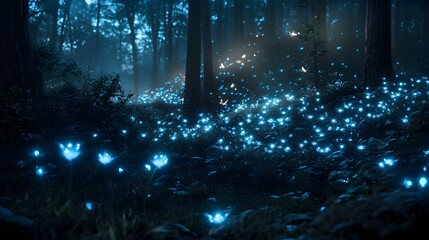 A magical scene of a nighttime forest teeming with bioluminescent life, showcasing vibrant, glowing plants and ethereal creatures casting soft light in the darkness, creating a captivating and 