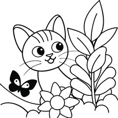 Fototapeta premium A playful kitten with big expressive eyes peeks out from behind some garden bushes, a single flower blooming nearby