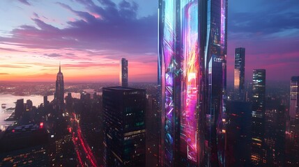 Obraz premium A stunning view of a futuristic skyscraper featuring holographic windows that display dynamic visuals, surrounded by neon accents glowing in vibrant colors, towering majestically over a bustling 