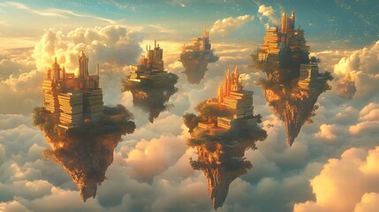A whimsical scene of floating islands adorned with stacks of forgotten books, each island surrounded by wispy clouds and illuminated by soft, golden light, evoking a sense of literary archaeology 