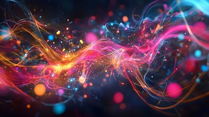 Obraz premium A stunning visualization of quantum entanglement, depicting vibrant particles dancing and intertwining across a dark cosmic backdrop, with colorful trails of light illustrating their connections 