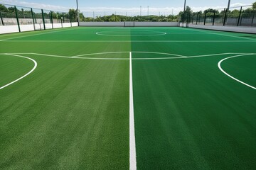 Obraz premium Vibrant Emerald Green Soccer Field with Rich Textures and Vacant Courts on a Bright Sunny Day