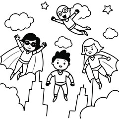 Four children dressed as superheroes fly in the air above a cityscape