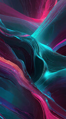 A dreamscape of fluid, holographic structures stretches into the distance, glowing with iridescent hues of cyan, magenta, and silver