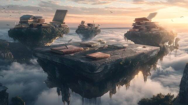 An imaginative depiction of ethereal islands suspended in the air, covered with ancient, weathered books and artifacts, with a serene backdrop of a twilight sky, inviting viewers to discover 
