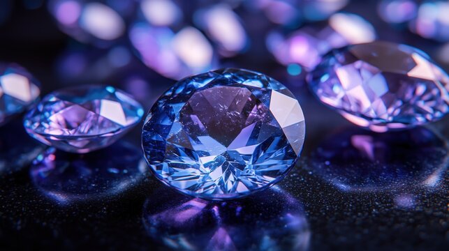 Captivating collection of iolite gemstones showcasing deep blue-violet hues on a reflective black surface